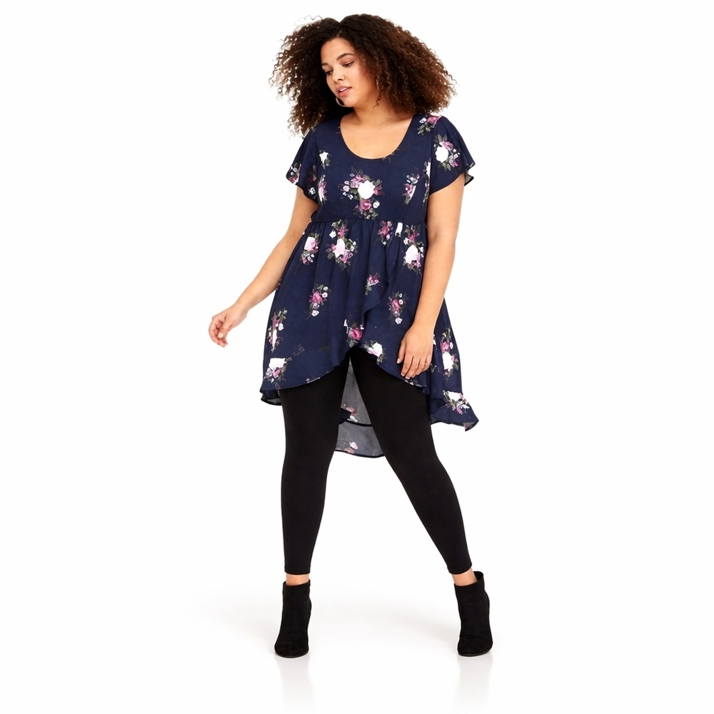 TORRID 3X Lexi-navy floral front wrap Georgette Babydoll Tunic New no tags